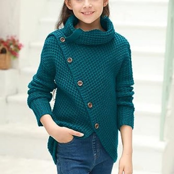 Girls Sweaters Button Turtle Cowl Neck Asymmetric Hem Wrap Pullover - Picture 1 of 6